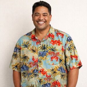 George Mens Hawaiian Shirt Blue Yellow Flamingo Tropical Palm Tree Large‎ L